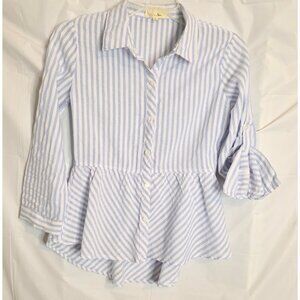 Love Notes Blouse Women's Blue & White Stripes Long Sleeve Peplum Bottom